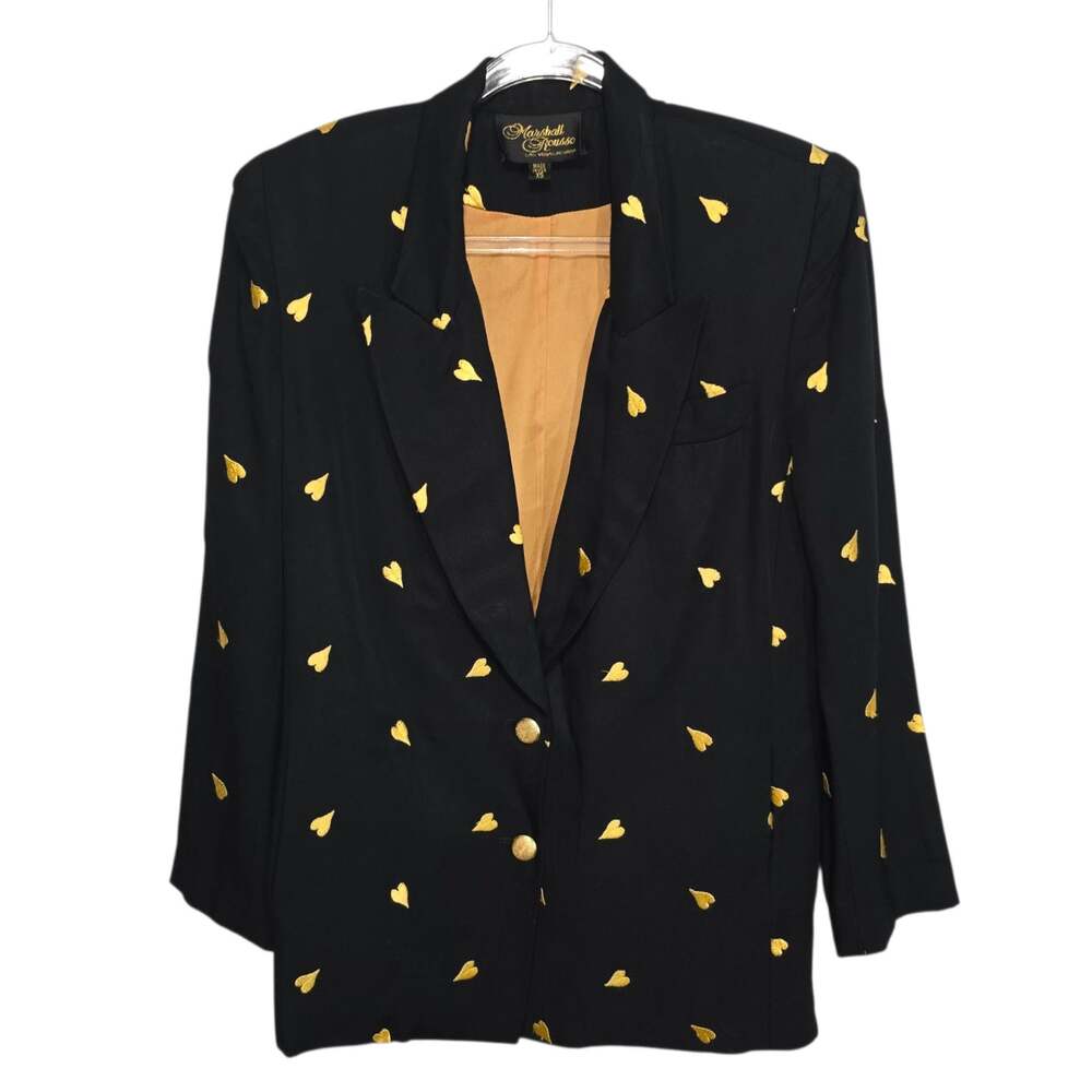Vintage Marshall Rousso Blazer Black with Gold Embroidered Hearts 2 Button XS
